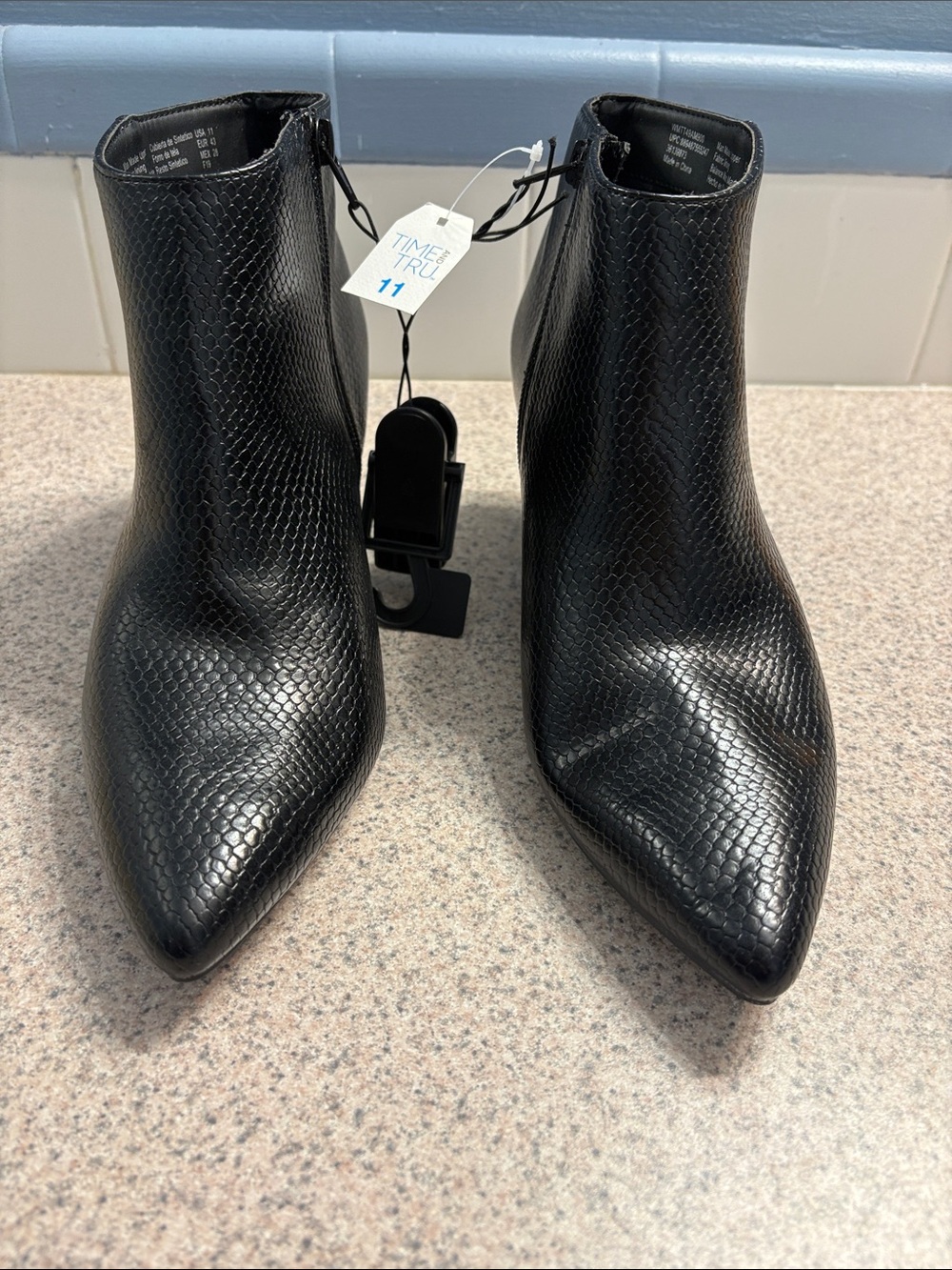 Time and Tru Black Faux Snakeskin Pointed Ankle Booties